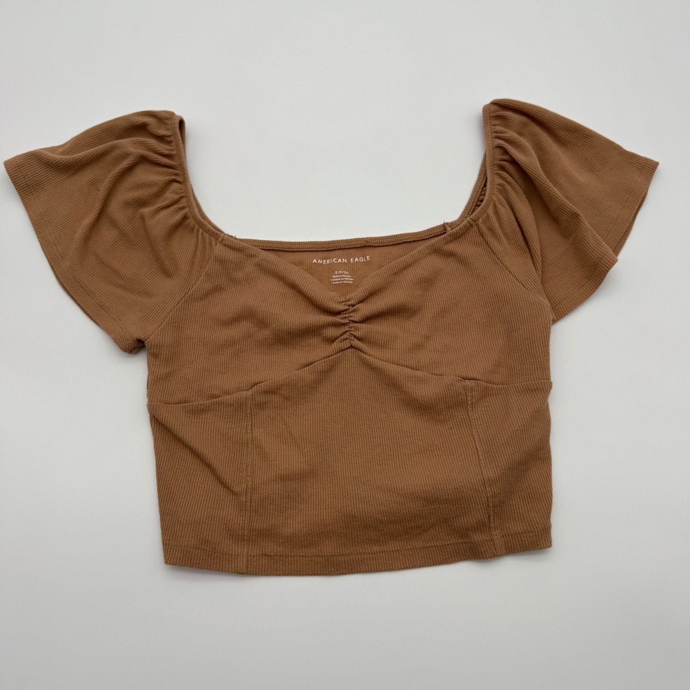 American Eagle Ribbed Flutter Sleeve Crop Top Tan Brown Sweetheart Neck Small